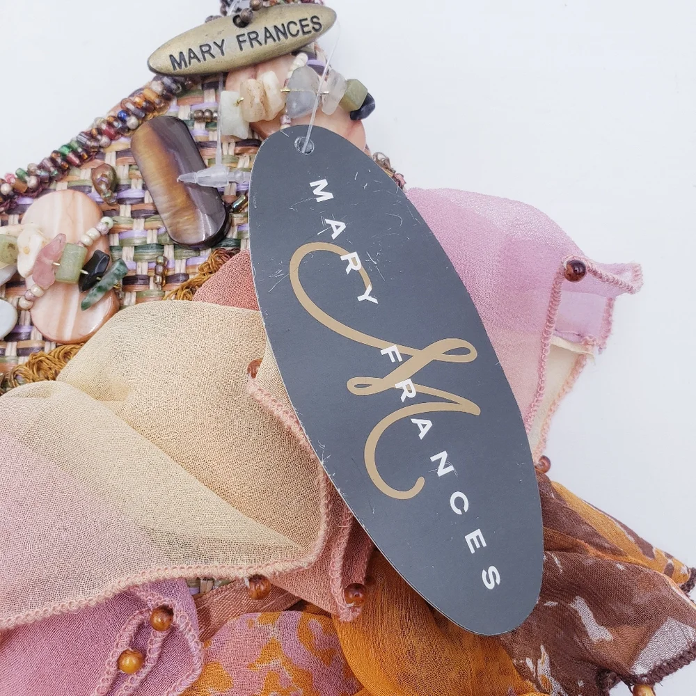 Mary Frances Beaded Tulle Ruffle Wicker Shoulder Bag‎ Mother of Pearl Earthtones